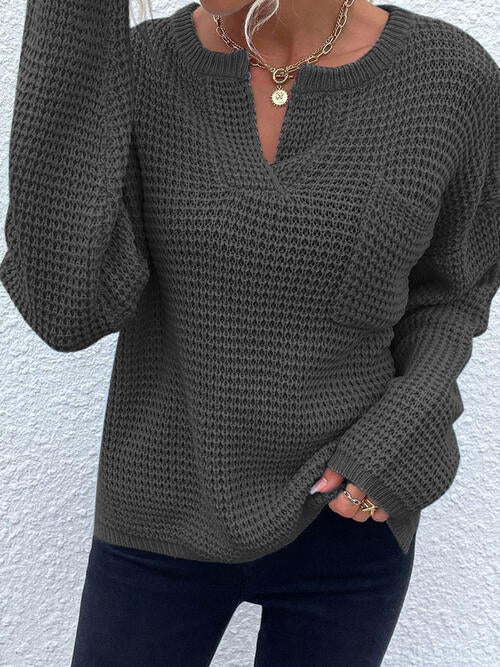 Notched Long Sleeve Sweater - Design Studios Direct