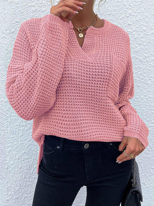 Notched Long Sleeve Sweater - Design Studios Direct