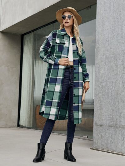 Plaid Pocketed Button Up Trench Coat - Design Studios Direct