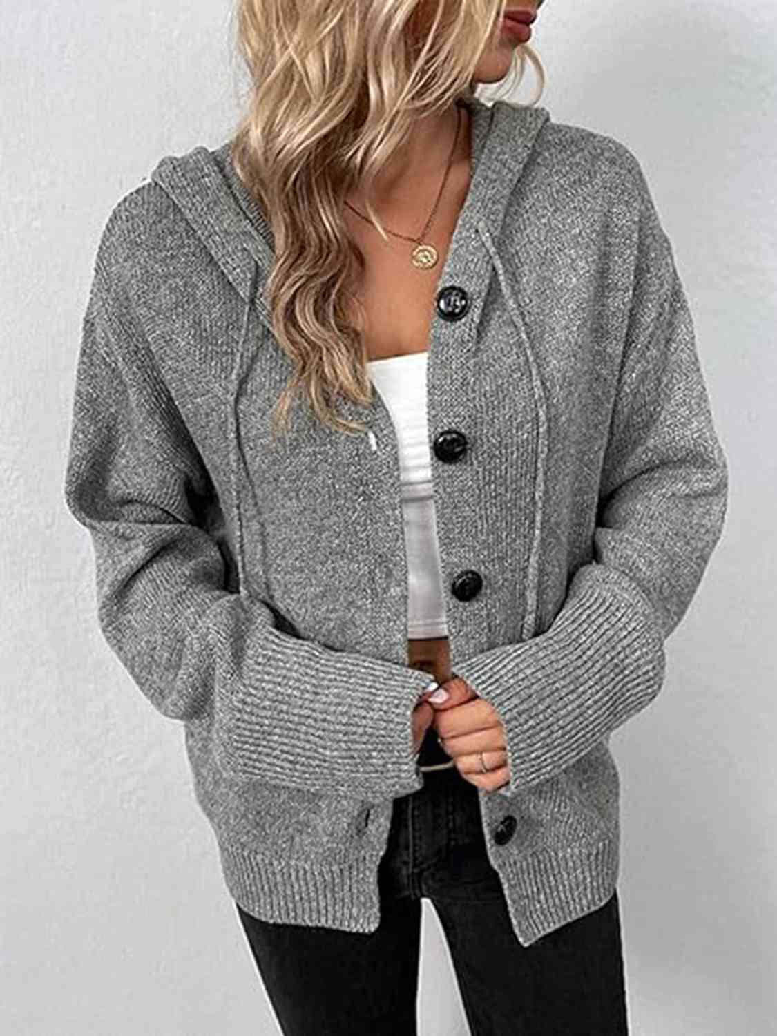 Button Up Drawstring Long Sleeve Hooded Cardigan - Design Studios Direct