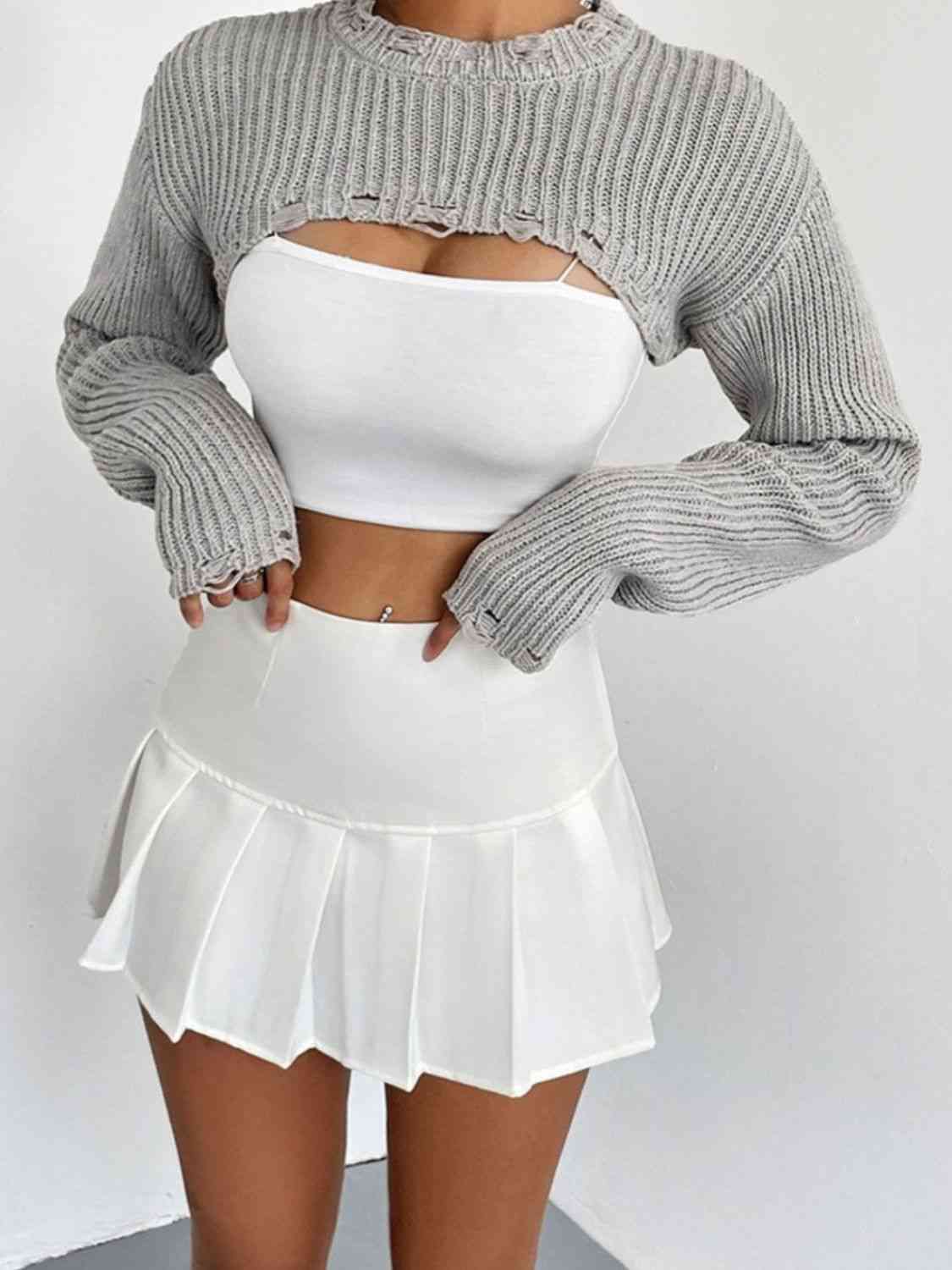 Distressed Long Sleeve Cropped Sweater - Design Studios Direct