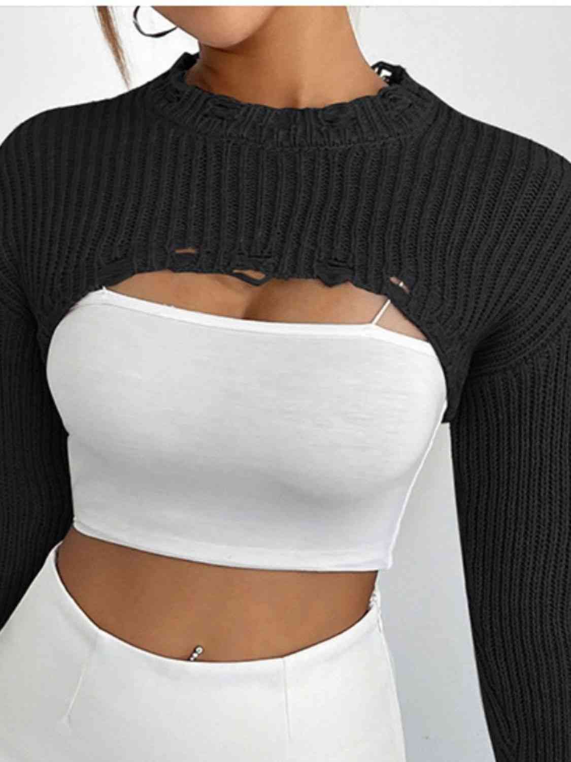 Distressed Long Sleeve Cropped Sweater - Design Studios Direct