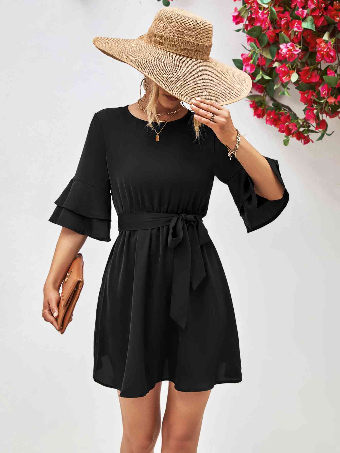 Round Neck Tie Belt Flounce Sleeve Dress - Design Studios Direct