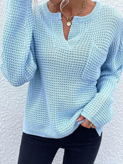 Notched Long Sleeve Sweater - Design Studios Direct