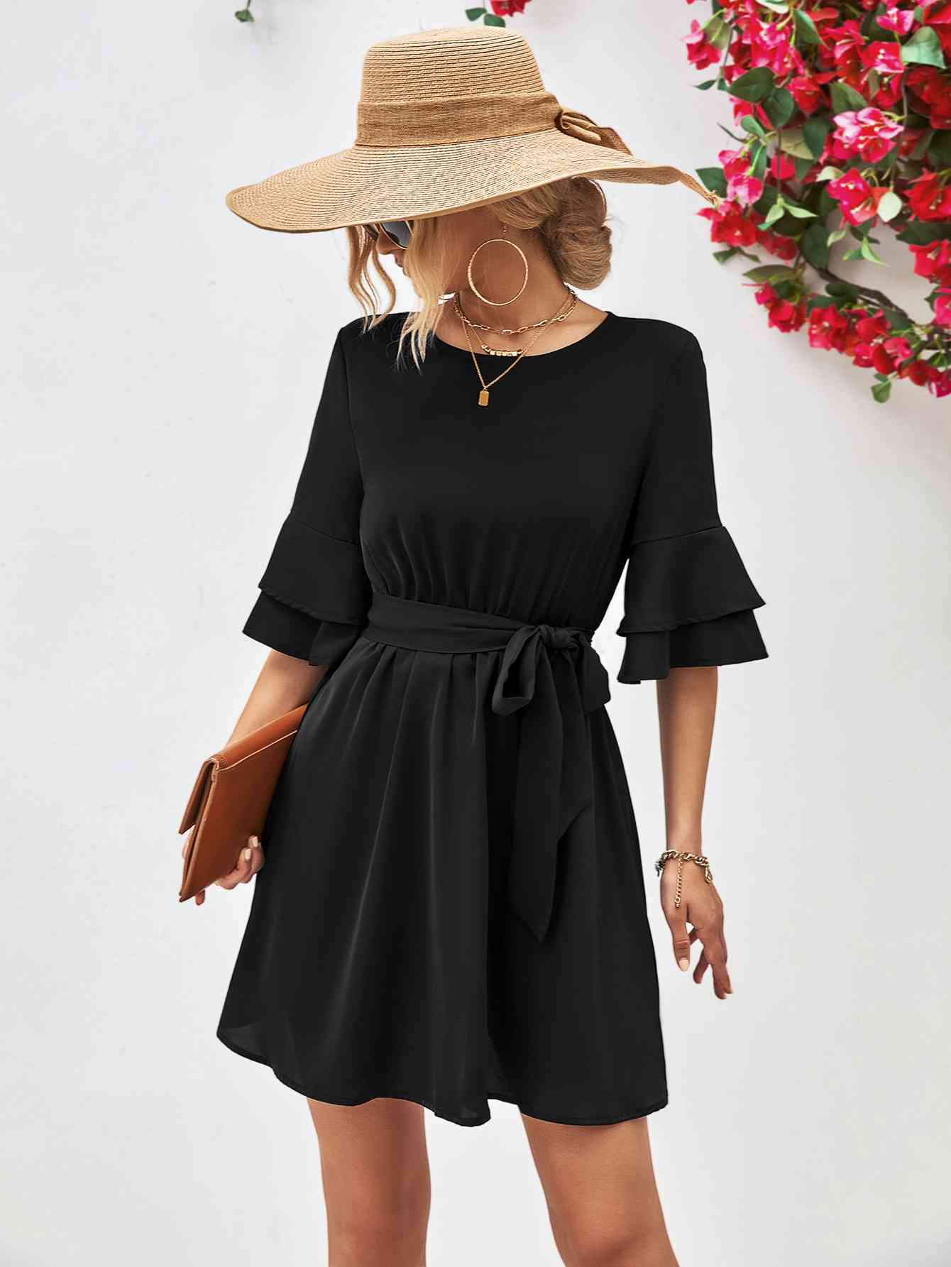 Round Neck Tie Belt Flounce Sleeve Dress - Design Studios Direct