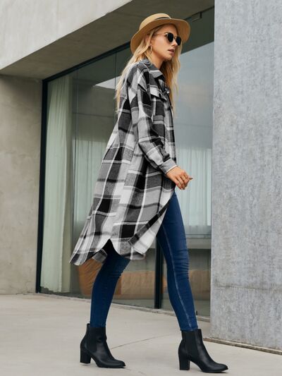 Plaid Pocketed Button Up Trench Coat - Design Studios Direct