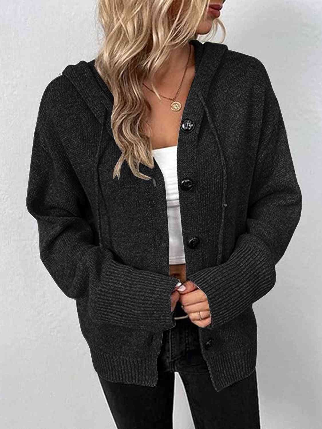 Button Up Drawstring Long Sleeve Hooded Cardigan - Design Studios Direct