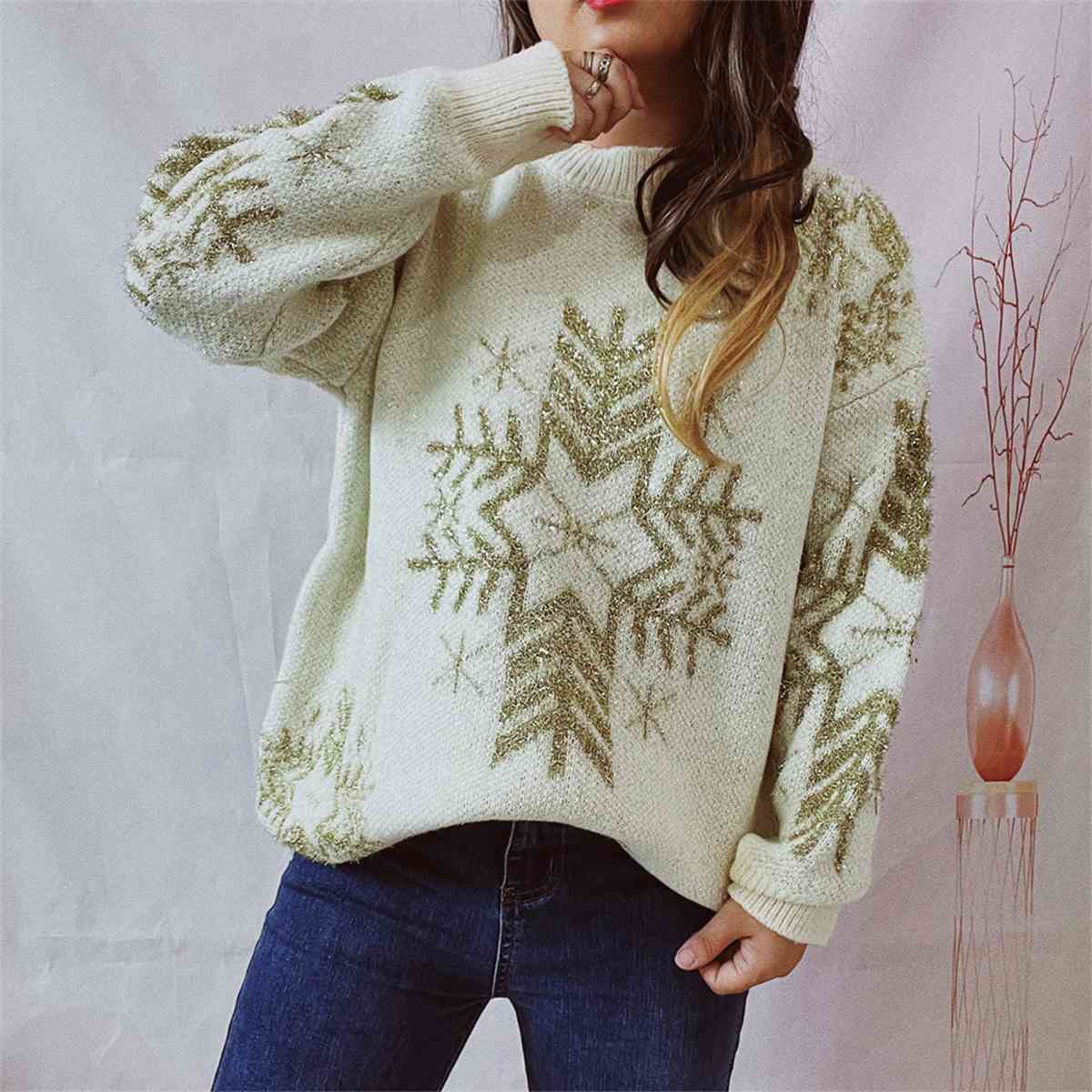 Snowflake Pattern Long Sleeve Sweater - Design Studios Direct