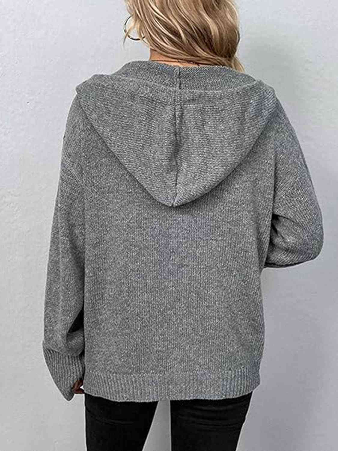 Button Up Drawstring Long Sleeve Hooded Cardigan - Design Studios Direct