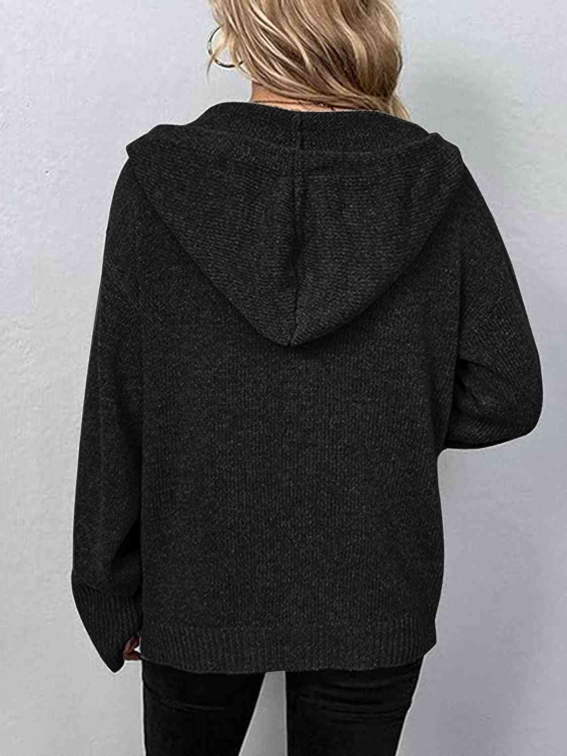 Button Up Drawstring Long Sleeve Hooded Cardigan - Design Studios Direct