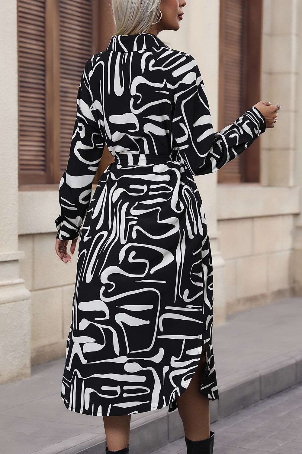 Printed Tie Front Collared Neck Slit Shirt Dress - Design Studios Direct