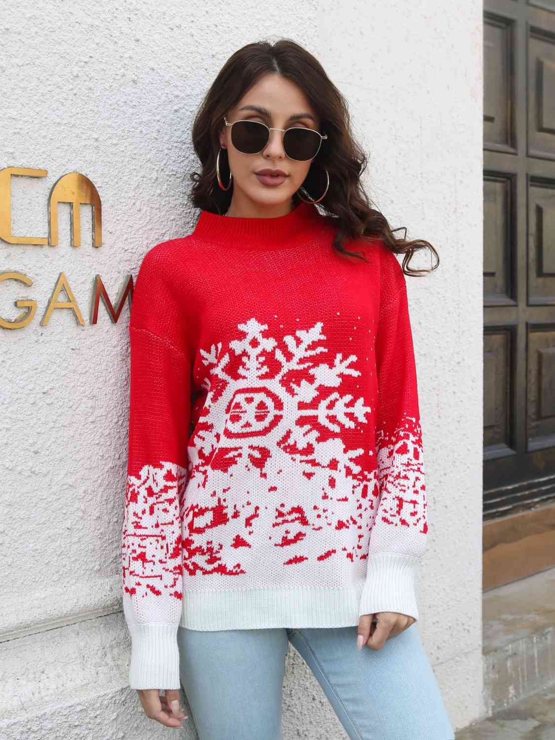 Snowflake Pattern Mock Neck Sweater - Design Studios Direct