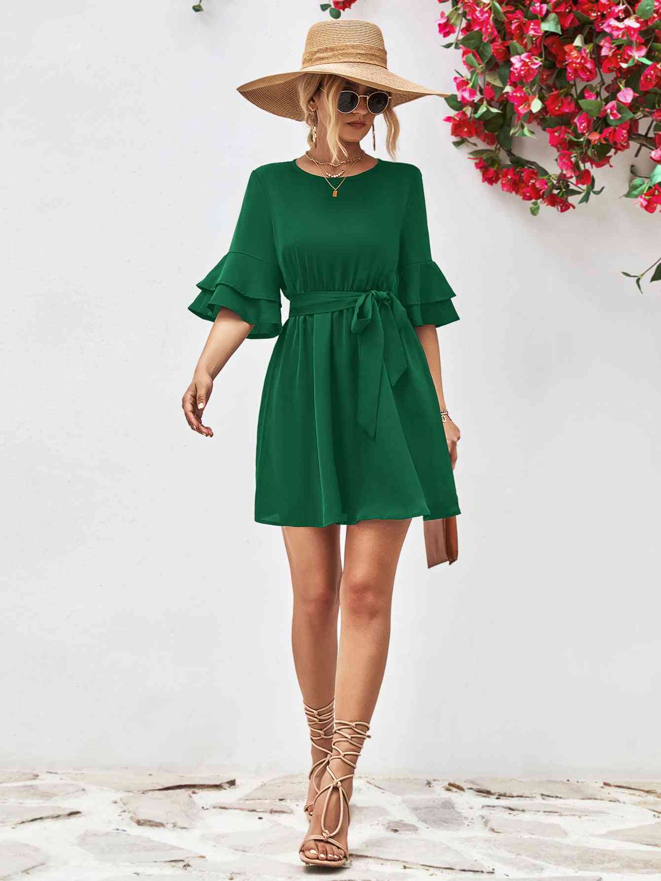 Round Neck Tie Belt Flounce Sleeve Dress - Design Studios Direct